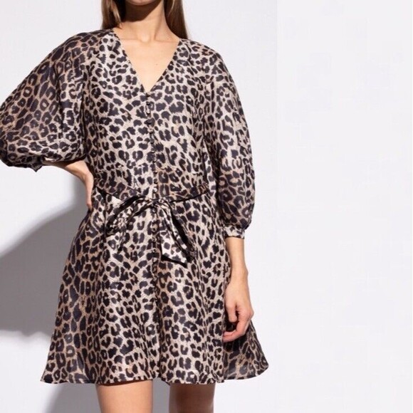 All Saints Ilora Leppo Leopard Print Silk Linen Blend 3/4 Sleeve Mini Dr… - Picture 2 of 11